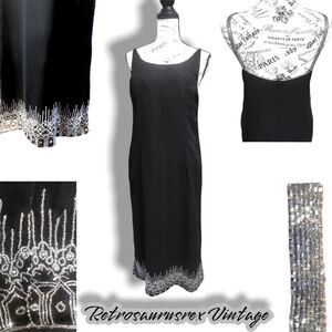 Vintage Laurence Kazar 1990’s Silver Beaded Little Black Dress, Large